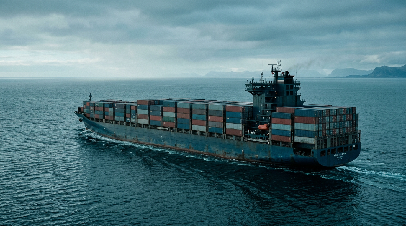 Vessel crossing a fjord at dusk