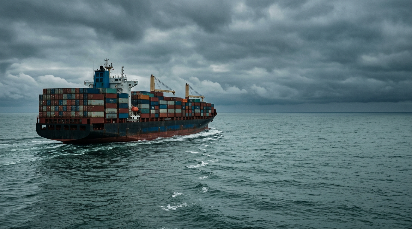 Container vessel underway beneath storm clouds